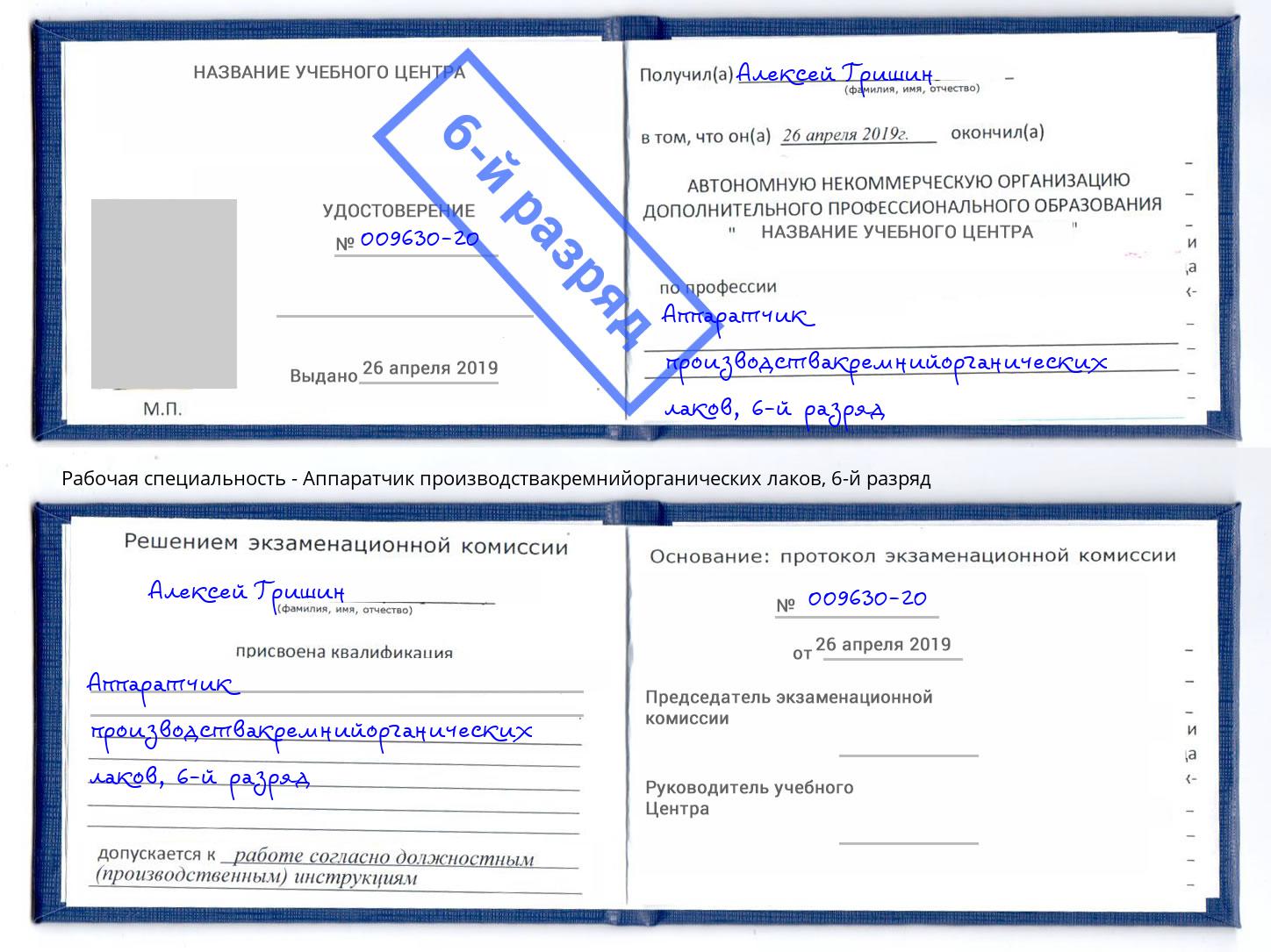 корочка 6-й разряд Аппаратчик производствакремнийорганических лаков Климовск