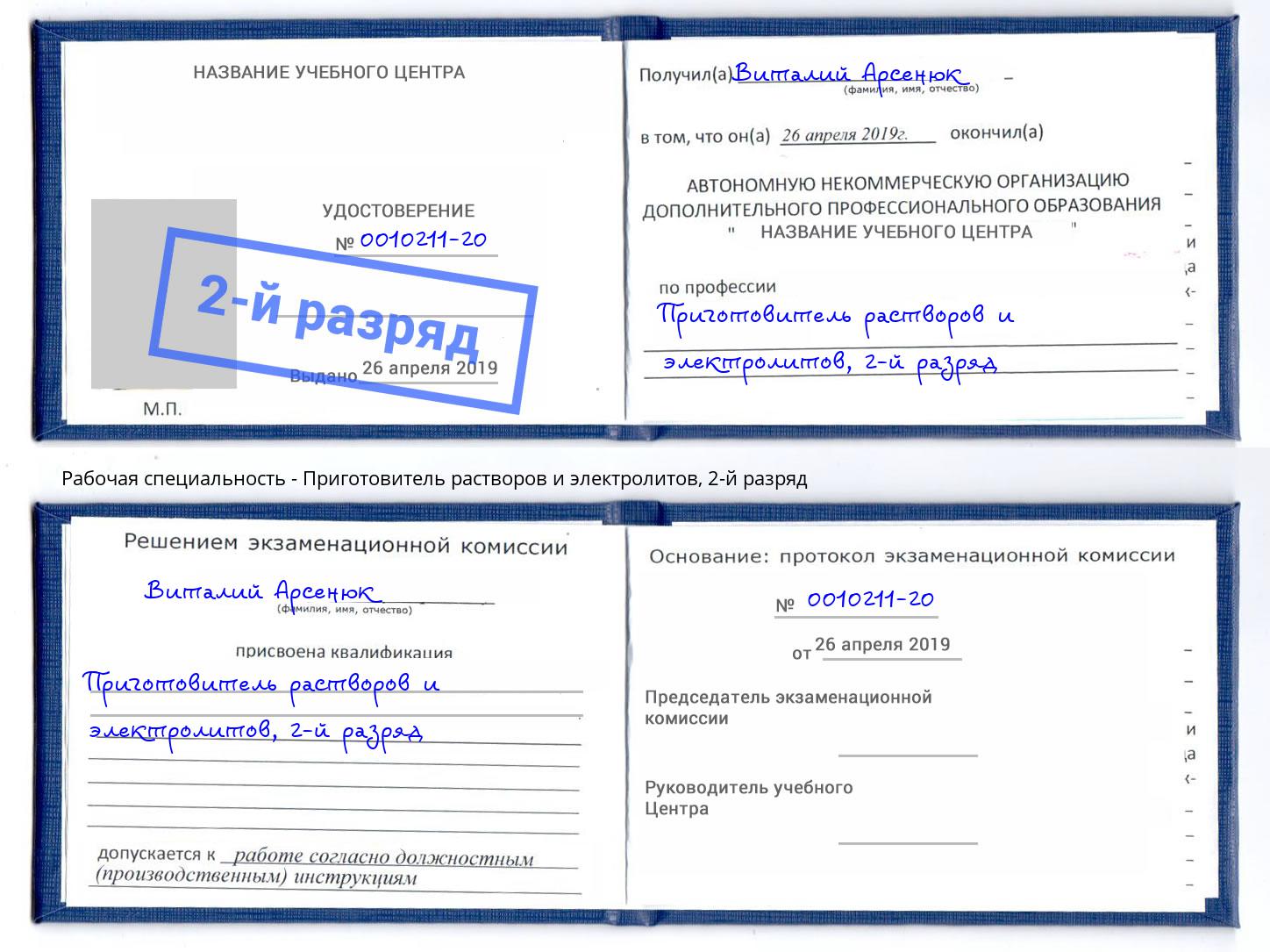 корочка 2-й разряд Приготовитель растворов и электролитов Климовск