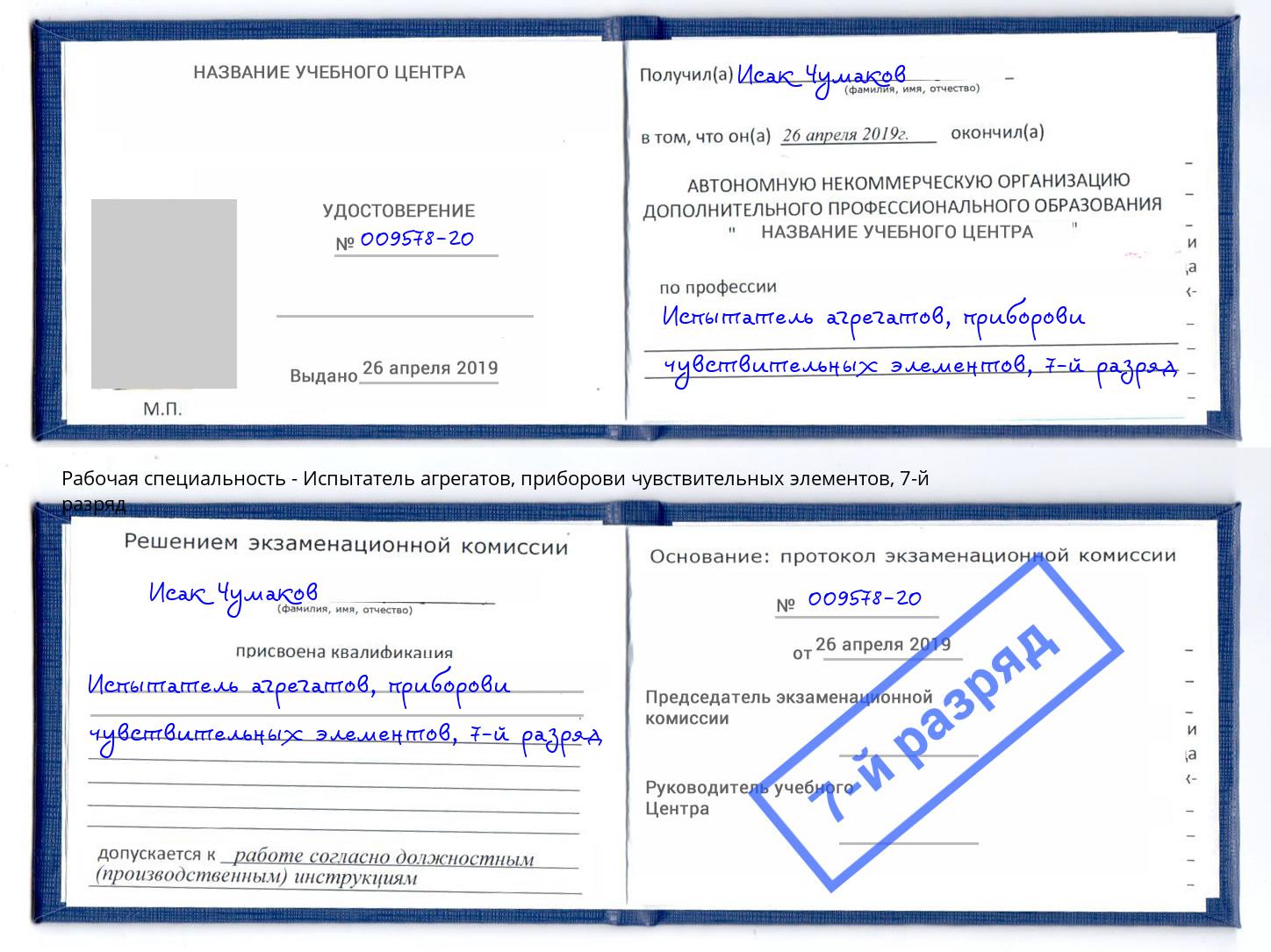 корочка 7-й разряд Испытатель агрегатов, приборови чувствительных элементов Климовск